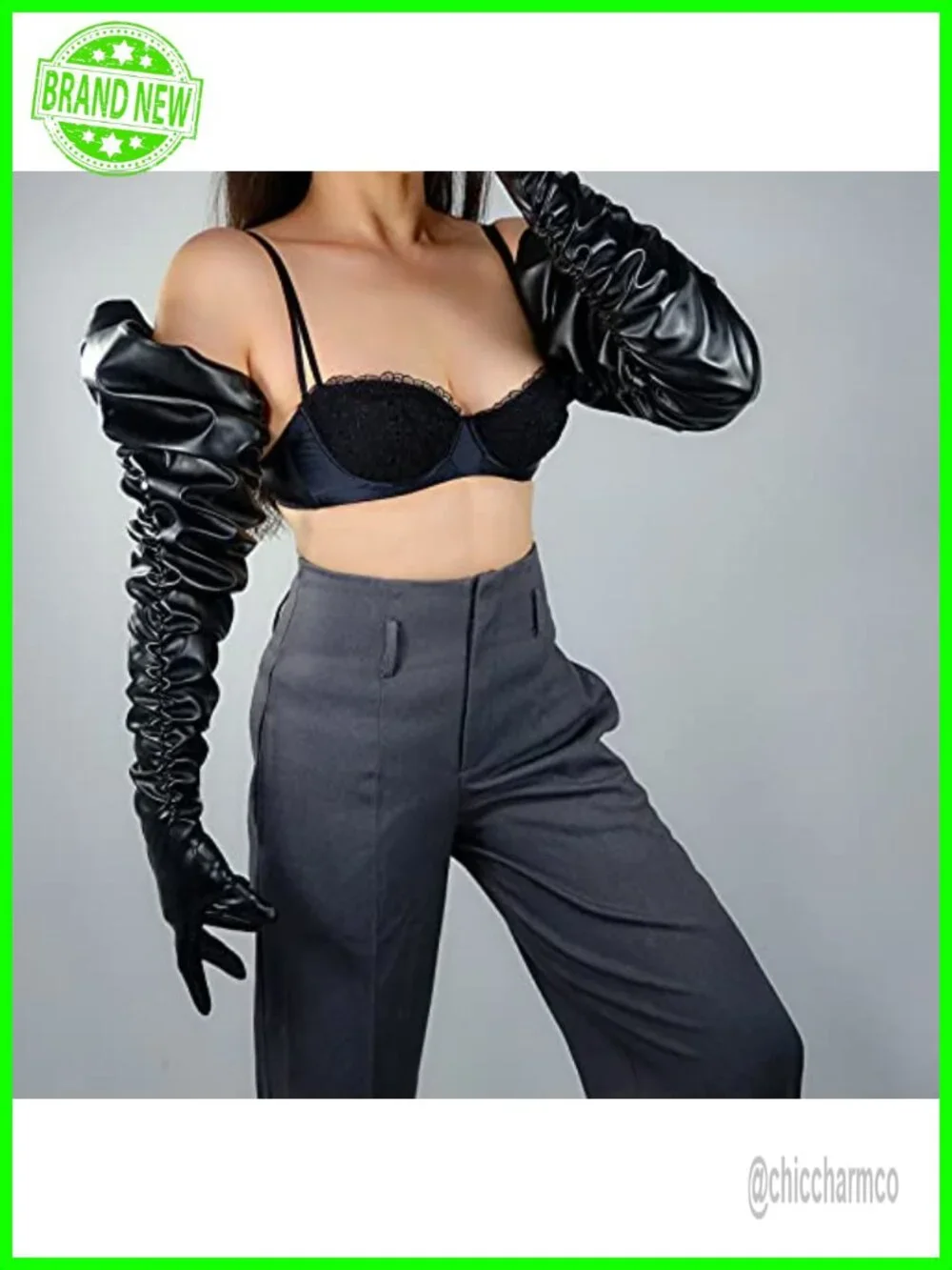 Faux Leather Ruched Pleated Wide Sleeve Shoulder Length Gloves